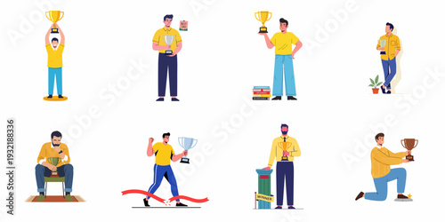 Men Achieving Success: A collection of diverse illustrations featuring triumphant individuals holding trophies, celebrating victory, and reaching accomplishments.