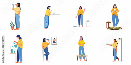 A collection of flat illustrations depicting a young woman staying hydrated by drinking and interacting with water in various daily activities, promoting health and wellness.