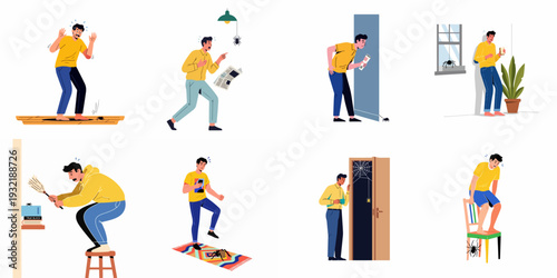 Men suffering from arachnophobia, reacting with fear and panic to spiders in everyday home situations.