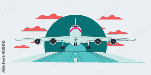 Modern flat design illustration of a passenger airplane on a teal runway with colorful sunset clouds