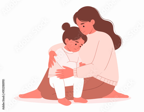 Caring mother gently comforting her upset young child, providing emotional support and a sense of security, highlighting the deep bond and empathy within a family