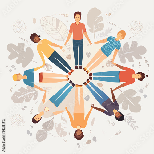 Diverse group of people in a circle, holding hands, symbolizing unity and global connection