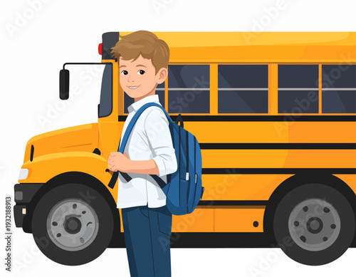 A cheerful young boy with a blue backpack stands confidently in front of a bright yellow school bus, ready for a new educational adventure and the exciting first day back to school