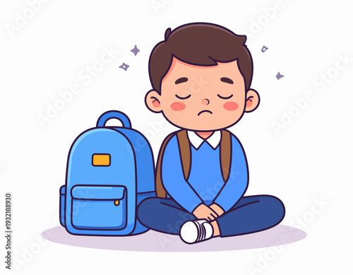 Sad little boy sitting next to his backpack, feeling down and discouraged