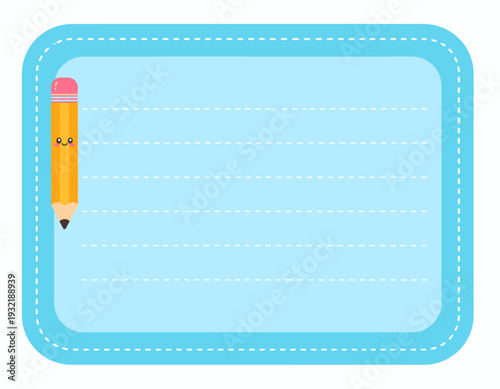 Cute blue name tag template with a smiling cartoon pencil character. School stationery label for kids with lined copy space for text