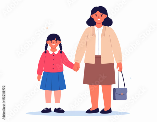 Charming illustration of a happy mother and her cheerful daughter holding hands, symbolizing their strong family bond, parental love, and shared journey through life