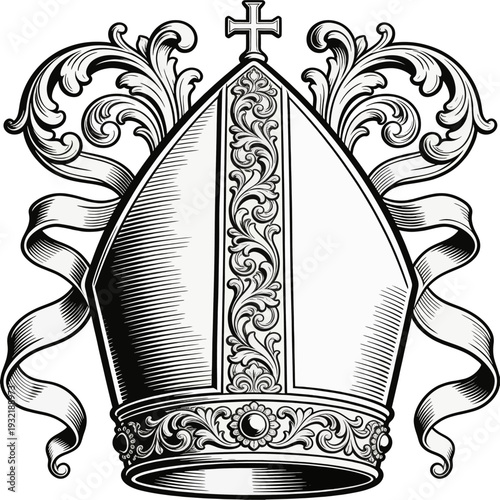 Ornate Bishop Mitre Engraving with Cross and Baroque Flourishes, Black and White Vector Illustration