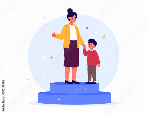 A mother and her son standing on a podium, celebrating success and achievement together with a bright, optimistic outlook