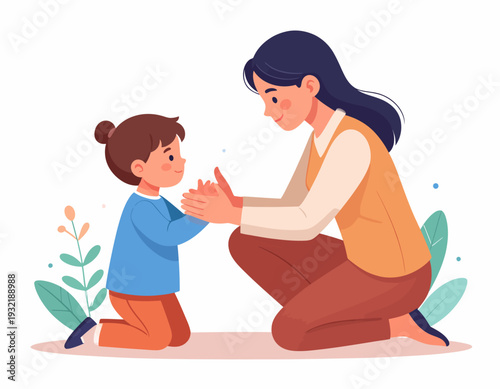A heartwarming illustration of a mother and her young daughter playing a hand-clapping game, sharing a moment of joy and connection