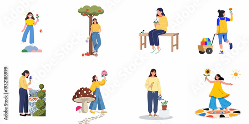 Collection of vibrant flat illustrations depicting women enjoying various nature and gardening activities, showcasing happiness, relaxation, and a wholesome lifestyle amidst flowers and plants.
