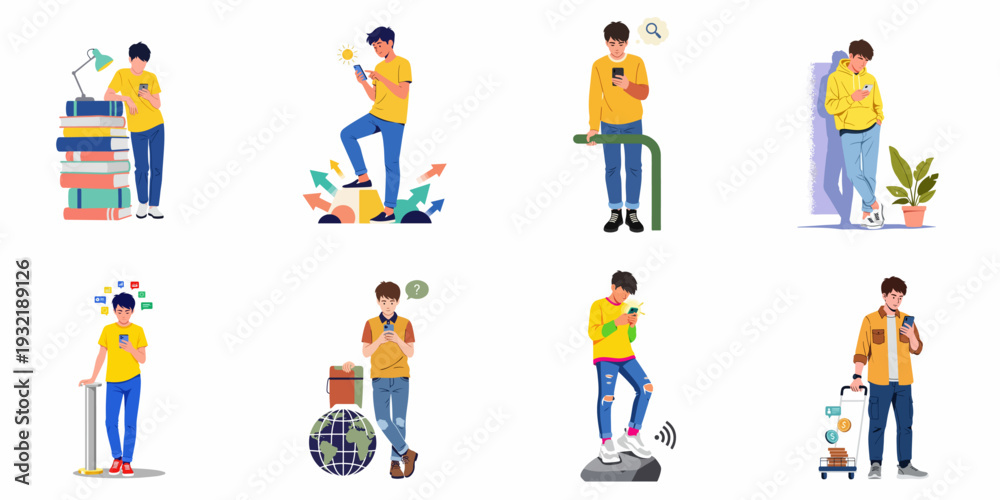 Fototapeta premium Young men engaged with smartphones in diverse daily activities, showcasing digital communication, learning, search, and connectivity in a modern lifestyle.