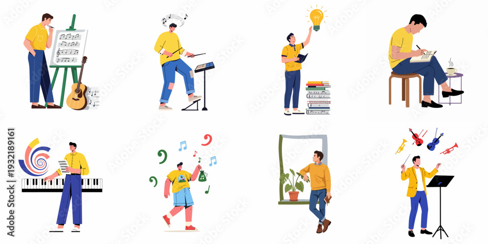 Fototapeta premium Creative Arts and Music Production Illustrations: People Composing, Playing Instruments, and Finding Inspiration in Flat Design Style.