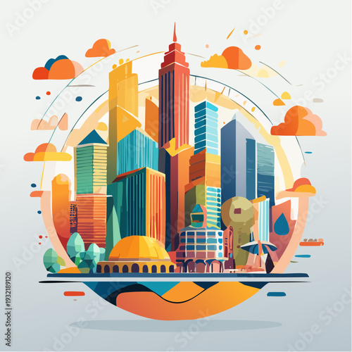 Vibrant cityscape illustration showcasing modern architecture and urban life elements