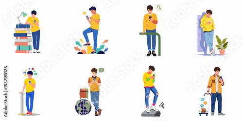Young men engaged with smartphones in diverse daily activities, showcasing digital communication, learning, search, and connectivity in a modern lifestyle.