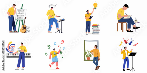 Creative Arts and Music Production Illustrations: People Composing, Playing Instruments, and Finding Inspiration in Flat Design Style.