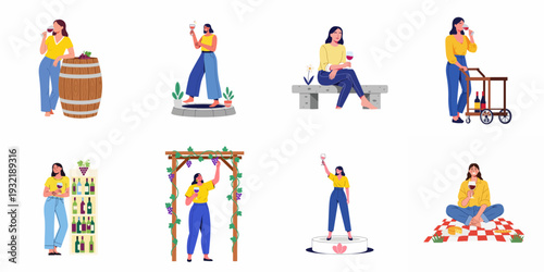 Woman enjoying wine in various settings: tasting, celebrating, relaxing, and exploring wine culture.