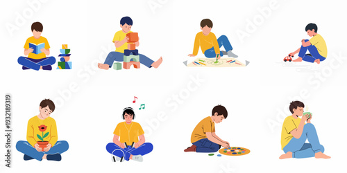 Diverse activities of a young boy showcasing childhood, learning, and leisure at home, including reading, playing, drawing, and relaxing.