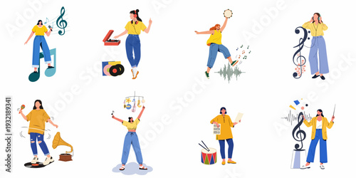 Diverse women enjoying and creating music, showcasing various musical activities and instruments in a vibrant flat illustration style.