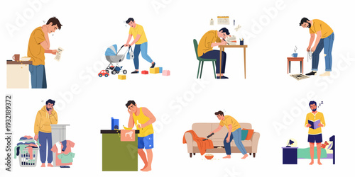 Man's Daily Exhaustion and Overwhelm: Balancing Chores, Parenting, Work, and Self-Care in Modern Life