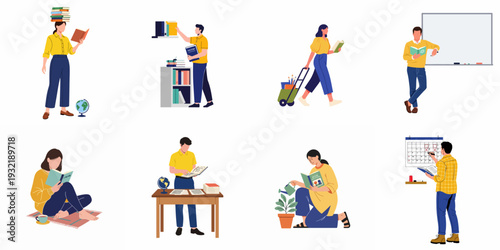 Diverse individuals immersed in reading, learning, and academic pursuits, showcasing different study habits and educational environments.