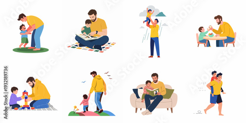 Illustrations of fathers and their children engaging in various heartwarming activities, showcasing paternal bonding and happy family moments.