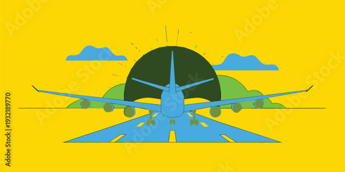 Stylized flat design illustration of an airplane taking off from a runway with green hills