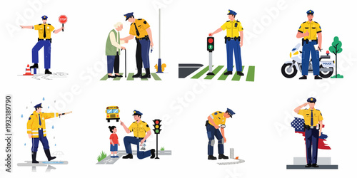 Police Officers: Community Service, Traffic Control, Public Safety, and Law Enforcement Duties Illustration Set