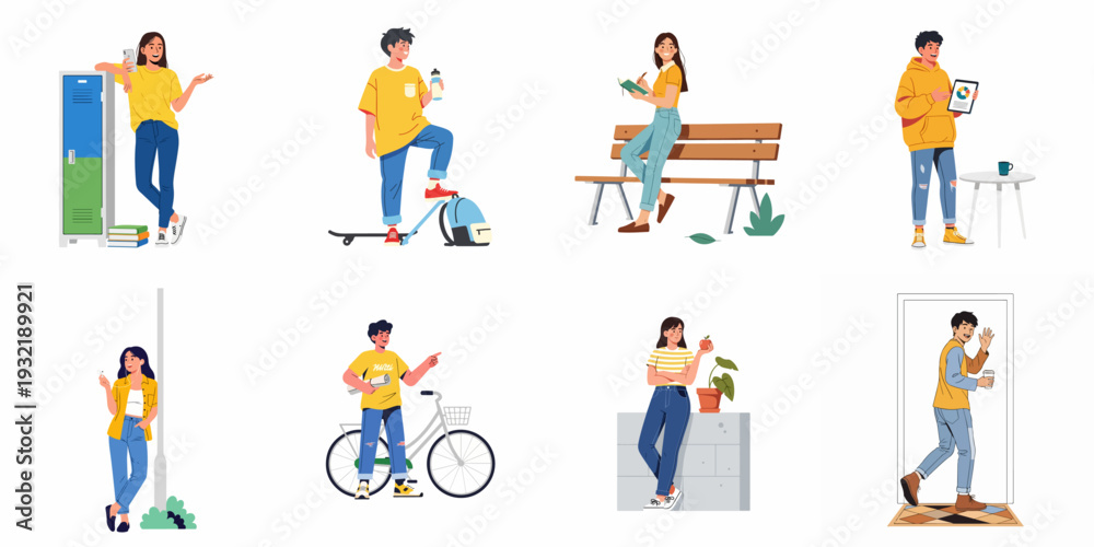 Fototapeta premium Diverse young people engaged in everyday activities: studying, social interaction, active lifestyles, and technology use in modern urban and academic settings.