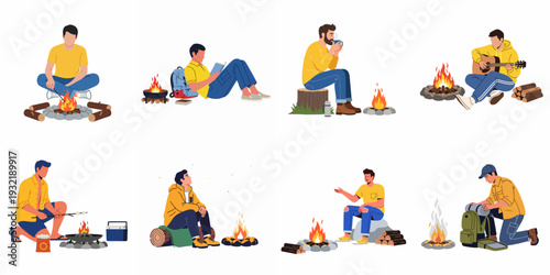Men Enjoying Campfire Activities: A Vector Illustration Set of Outdoor Camping, Relaxation, and Adventure with Friends