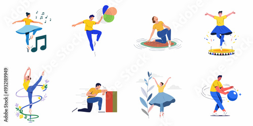 Dynamic illustrations of people dancing, performing, and moving with abstract elements, symbolizing energy, creativity, and active lifestyles.