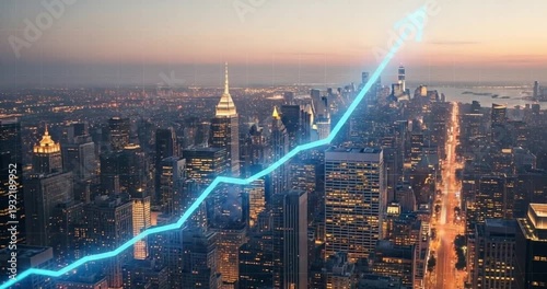 New York City Skyline with Glowing Blue Line Graph.
