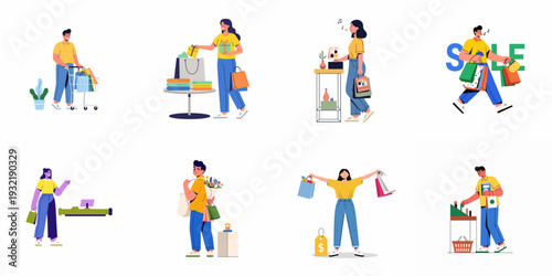 Diverse vector illustrations depicting people happily engaging in various shopping activities, including sales, gift buying, and retail browsing.