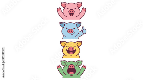 Cute Colorful Cartoon Pigs Vector Set with Happy Expressions and Gestures