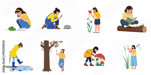 Diverse young people actively exploring nature, observing insects, plants, and wildlife, showcasing outdoor education, discovery, and environmental curiosity through various activities.
