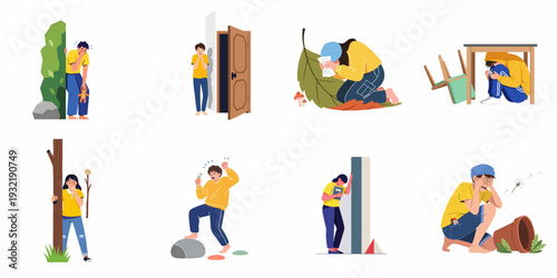 A diverse set of illustrations depicting fear, anxiety, shyness, and emotional vulnerability in various situations.
