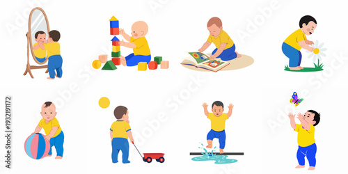 Childhood adventures: Babies and toddlers engaged in playful learning, exploring, and daily activities, a colorful vector illustration collection.