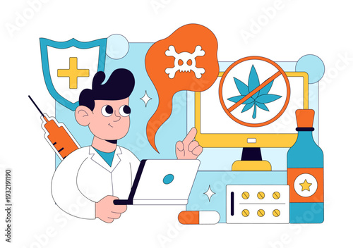 Narcologist Vector Illustration Featuring Drug Addiction Awareness And Issues Related To Alcohol And Tobacco In Healthcare Flat Background