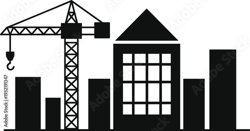 Black silhouette of a construction site featuring a tower crane and modern city buildings under development for urban growth and industrial architecture projects