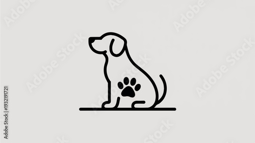 Dog sitting with paw print on body pet silhouette animal icon black line art on gray background