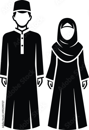 Black silhouette of a Muslim couple wearing traditional Islamic clothing with hijab and thobe isolated on white background vector illustration for religious and cultural diversity