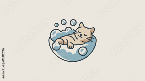 Cute cat relaxing in a bubble bath surrounded by soap suds and bubbles on a beige background feeling calm and serene