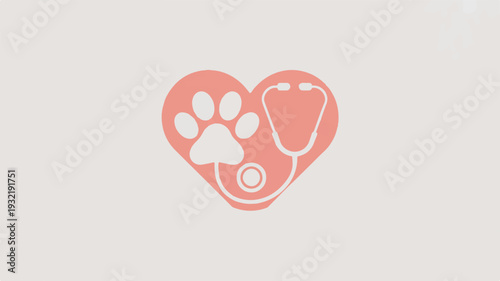 Veterinary care and pet love heart symbol with stethoscope and paw print on beige background