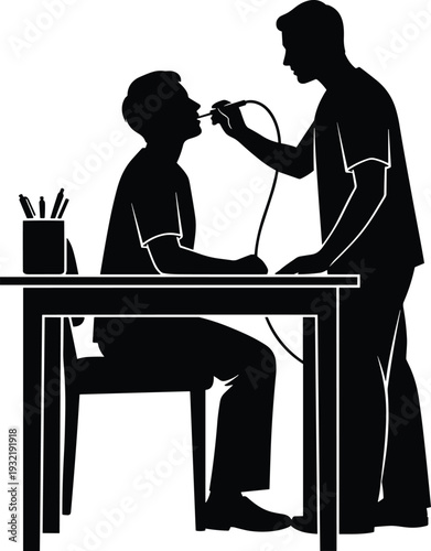 Black silhouette of a professional male dentist or doctor performing a clinical oral examination on a male patient sitting at a desk in a medical office