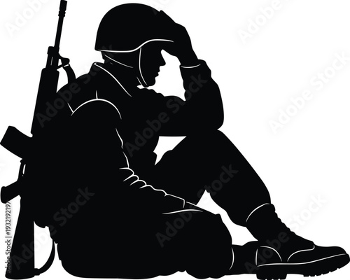 Black Silhouette of a Tired Soldier Sitting on Ground with Head in Hand Representing War Exhaustion Post Traumatic Stress Disorder Grief and Military Combat Stress