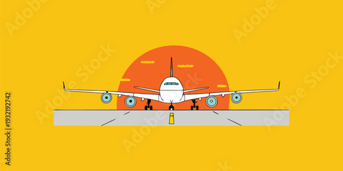 Flat illustration of a white airplane taking off from a runway at orange sunrise