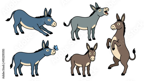 Cute Cartoon Donkeys Set: Various Poses with Braying, Playing, Butterfly, and Foal. Adorable Farm Animal Vector Illustration
