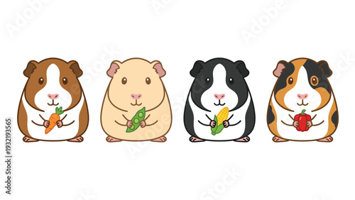 Adorable cartoon guinea pigs with vegetables, pet rodent characters eating healthy food