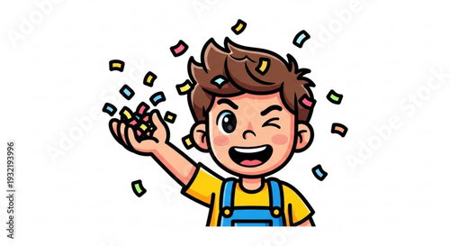 Cheerful young boy throwing confetti in celebration with a joyful expression on his face outdoors