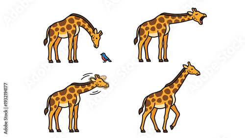 Cartoon Giraffe Action Poses: Interacting, Yawning, Shaking Head, and Walking