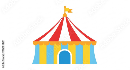 Vibrant circus tent with red and white stripes and yellow accents on a plain white background
